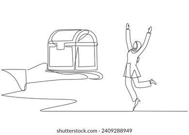 Continuous one line drawing Arabian businesswoman was excited to get the treasure chest from the giant hand. Proud award. Make the business more successful. Single line draw design vector illustration