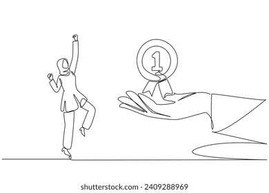 Continuous one line drawing Arabian businesswoman was happy to get reward medal from giant hand. Success has been achieved. Want to achieve further success. Single line draw design vector illustration