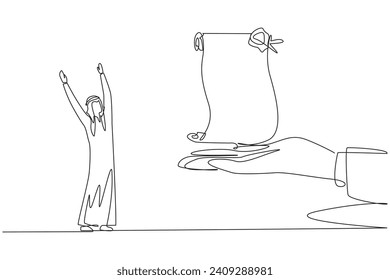 Continuous one line drawing Arabian businessman was excited to get roll of stamped paper from the giant hand. Priceless gift. Old way. Increasing income. Single line draw design vector illustration
