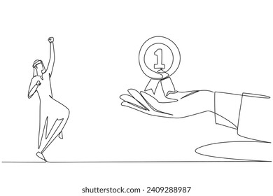 Continuous one line drawing Arabian businessman was happy to get reward medal from giant hand. The most important gift in a career. Recognition of success. Single line draw design vector illustration