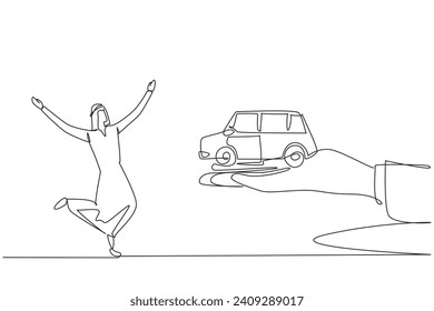 Continuous one line drawing Arabian businessman excited to get miniature car from giant hand. Successful entrepreneur. Very rich. Get a luxury car for free. Single line draw design vector illustration