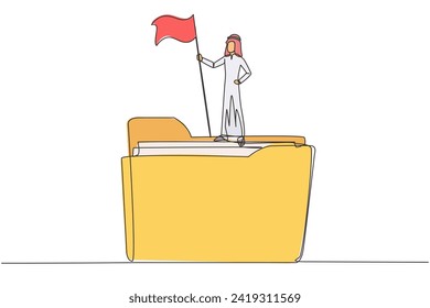 Continuous one line drawing of Arabian businessman standing on big folder icon holding flag. Arranged business plan, keep records, practice. Be a champion. Single line draw design vector illustration