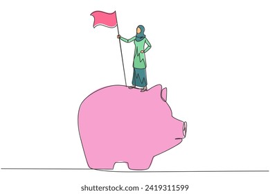 Kontinuierliche Zeichnung einer arabischen Geschäftsfrau, die auf einer großen Sparschwein steht und die Flagge hält. Investitionen während der Korona-Pandemie, um das Überleben der Wirtschaft zu sichern. Einzeilige Zeichentechnik
