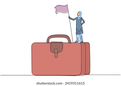 Continuous one line drawing of Arabian businesswoman standing on giant briefcase holding flag. Going on a business trip to find newer ideas in startup business. Single line draw design vector