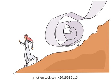 Continuous one line drawing Arabian businessman runs down hill while being chased by rolls of paper bills. Chased by ever-growing bills. Business failure. Single line draw design vector illustration