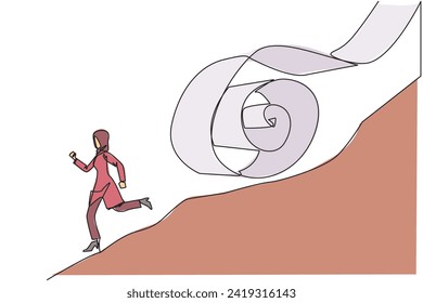 Continuous one line drawing Arabian businesswoman runs down hill while being chased by rolls of paper bills. Chased by ever-growing bills. Business failure. Single line draw design vector illustration