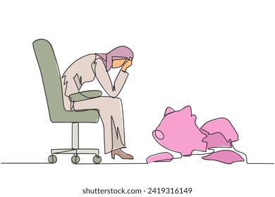 Continuous one line drawing of Arabian businesswoman sits pensively on office chair and in front a broken piggy bank. Failing to save because have to pay large bills. Single line draw design vector