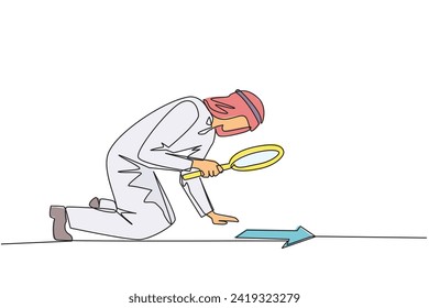 Continuous one line drawing Arabian businessman looked down checking arrows with magnifier. Check direction, it is towards a growing business or makes the business loss. Single line draw design vector