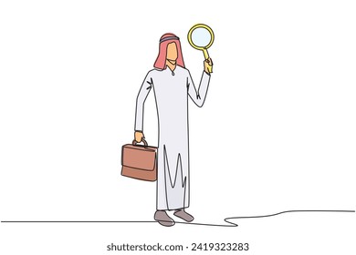 Continuous one line drawing Arabian businessman holds the magnifier in his left hand while in right hand holds a briefcase. Businessman who offer cooperation proposals. Single line draw design vector