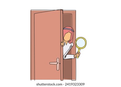 Continuous one line drawing of Arabian businessman came out from behind the door holding a magnifier. Invite business partners to join so that the business is stronger. Single line draw design vector