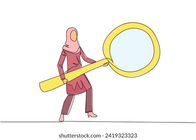 Continuous one line drawing Arabian businesswoman standing holding a giant magnifier. Resembling a guitar player, she searches, analyzes, finds all the necessary data. Single line draw design vector