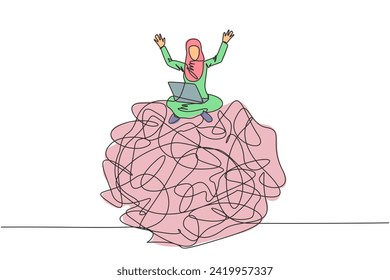 Continuous one line drawing Arabian businesswoman sitting on a giant tangled circle putting laptop on her thighs. Raising both hands as surrender sign. Business flop. Single line draw illustration