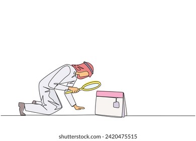 Continuous one line drawing Arabian businessman holding magnifying glass looking at desk calendar. He made plans to take time off and vacation at the end of the year. Single line draw design vector