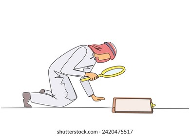 Continuous one line drawing Arabian businessman holding magnifying glass look at clipboard. Businessman make sure by checking back work that may have been missed. Single line draw vector illustration