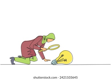 Continuous one line drawing Arabian businesswoman holding magnifying glass look at lightbulb. Requires a brilliant idea to expand its business overseas. Metaphor. Single line draw vector illustration