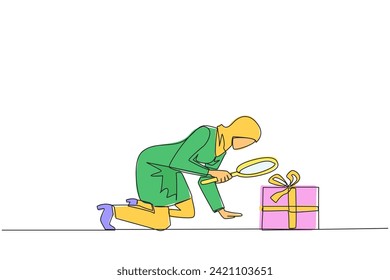 Continuous one line drawing of Arabian businesswoman holding magnifying glass look at gift box. Assign bonuses to employees have high dedication to the company. Single line draw vector illustration