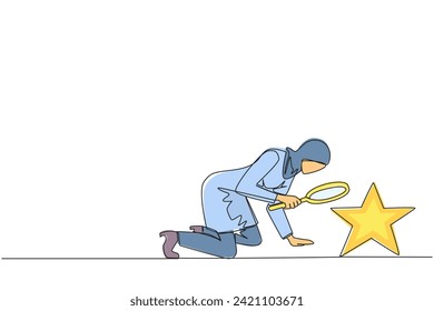 Continuous one line drawing Arabian businesswoman holds magnifying glass look at stars. The high star is the ultimate goal of business level. Reach dreams. Single line draw design vector illustration