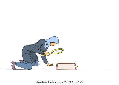 Continuous one line drawing of Arabian businesswoman holding magnifying glass look at clipboard. Businesswoman make sure by checking back work that may have been missed. Single line draw design vector