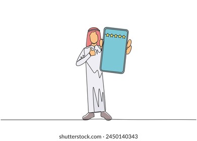 Continuous one line drawing Arabian man standing holding smartphone and showing screen to the front. Giving rating of 5 stars to online seller. Satisfied customer. Single line draw vector illustration