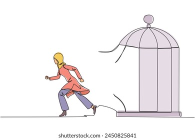 Continuous one line drawing Arabian businesswoman trapped in the cage running through the cage. Metaphor penetrates the maximum limit of self. Desire to succeed. Single line design vector illustration