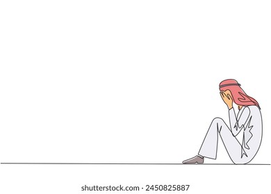 Continuous one line drawing Arabian businessman sitting while covering face. Sad businessman bemoans the fate of business. Failure to develop business unit. Single line draw design vector illustration