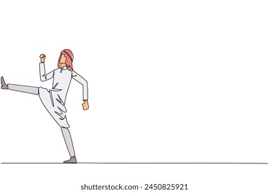 Continuous one line drawing Arabian businessman doing kicking motion. Stretch before office hours start. A healthy way to stay focused on doing business. Single line draw design vector illustration