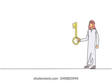 Continuous one line drawing Arabian businessman holding key. Important key to increasing profits has been secured. Ready to become important inheritance. Single line draw design vector illustration