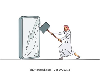 Continuous one line drawing Arabian businessman preparing to hit big smartphone. Technology can destructive if not use properly. Intelligence is required. Single line draw design vector illustration