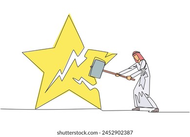 Continuous one line drawing Arabian businessman preparing to hit big star. The destroyer of dream. Failed to get the best career position. Anger overflowed. Single line draw design vector illustration