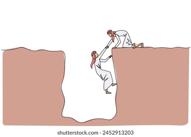 Continuous one line drawing Arabian businessman helps colleague climb a wide hole. Teamwork helps colleague who fallen. Inviting success together. Cohesive. Single line draw design vector illustration