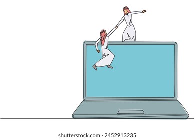 Continuous one line drawing Arabian businessman helps colleague to climb a big laptop. Help create applications to develop business online. Great teamwork. Single line draw design vector illustration