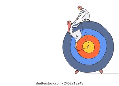 Continuous one line drawing Arabian businessman helps colleague climb arrow board target. Metaphors help focus on completing tasks one at time. Together. Single line draw design vector illustration