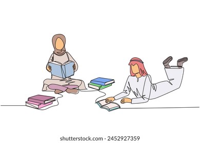 Continuous one line drawing Arabian man woman really likes reading. Everyday one book is read. Good habit. There is no day without reading book. Book festival concept. Single line draw design vector