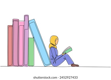 Continuous one line drawing  Arabian woman reading sitting leaning against pile of books. Habit of reading books every day. Library. Book festival concept. Single line draw design vector illustration