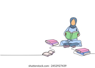 Continuous one line drawing Arabian woman really likes reading. Everyday one book is read. Good habit. There is no day without reading book. Book festival concept. Single line draw vector illustration