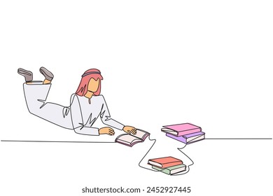 Continuous one line drawing Arabian man really likes reading. Everyday one book is read. Good habit. There is no day without reading book. Book festival concept. Single line design vector illustration