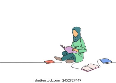 Continuous one line drawing Arabian woman sitting relax in library reading lot of books. Looking for answers to assignments. Hobby reading. Book festival concept. Single line draw vector illustration