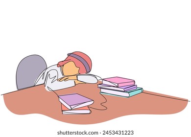 Continuous one line drawing Arabian man asleep at the table where there were piles of books. Tired after successfully finish favorite reading book. Reading. Single line draw design vector illustration