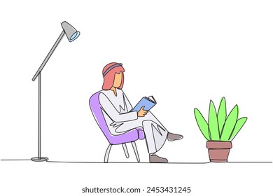 Continuous one line drawing Arabian man sitting reading in room with reading lamp. Spending holidays increasing knowledge by reading books. Love reading. Single line draw design vector illustration