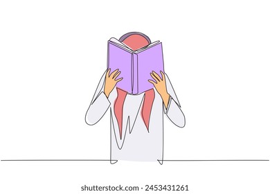 Durchgehend eine Zeile, die einen arabischen Mann ernsthaft lesen Buch, bis das Gesicht bedeckt. Nervös, wenn man sich den Abschlussprüfungen stellt. Versuch, dich zu konzentrieren. Lesen erhöht die Einsicht. Einzeilige Design-Vektorillustration