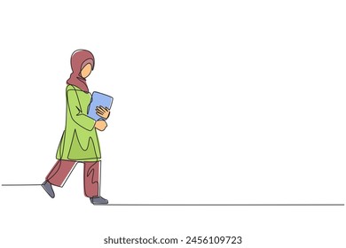Continuous one line drawing Arabian woman walking carrying a book. Walking back home after visiting the book festival. Hobby reading. Very good habit. Single line draw design vector illustration