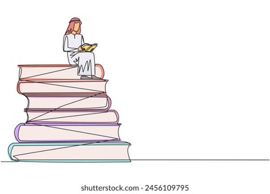 Continuous one line drawing Arabian man sitting on pile of books reading book. High interest in reading. Opening horizons of thinking. Book festival concept. Single line design vector illustration