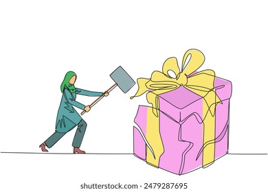 Continuous one line drawing Arabian businesswoman preparing to hit big gift box. Businessman express disappointment. Destroying everything in sight. Angry. Single line draw design vector illustration