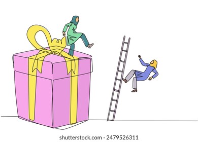Continuous one line drawing Arabian businesswoman kicks opponent who climbing gift box with ladder. Competition justifies any means to get rewards. Rival. Single line draw design vector illustration
