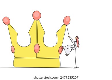 Continuous one line drawing Arabian businessman climbs crown with rope. Prepare for better life by working hard to achieve highest position. Hard worker. Single line draw design vector illustration