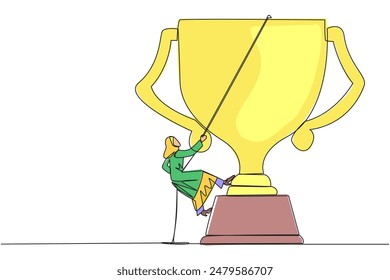 Continuous one line drawing Arabian businessman climbs trophy with rope. Expanding branding by winning many awards. Connecting relationship. Mutual benefit. Single line draw design vector illustration
