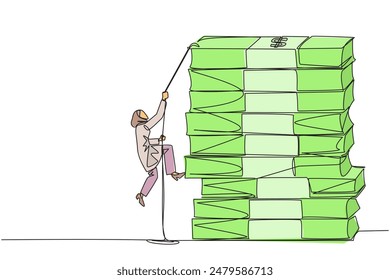 Continuous one line drawing Arabian businesswoman climbs stack of banknotes with rope. Hard worker raise capital to create new business. For better future life. Single line design vector illustration