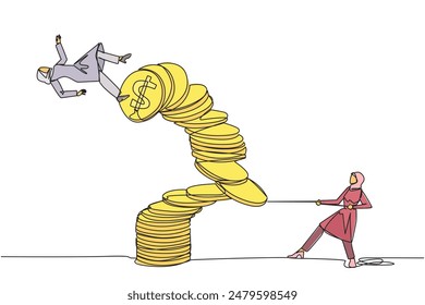 Continuous one line drawing Arabian businesswoman pull one of piles of coins who made person on top fall. Fraud. Misappropriation of office money. Traitor. Single line draw design vector illustration