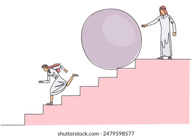 Continuous one line drawing Arabian businessman running down stairs avoiding big ball. Attacked by business friend. Traitor in business. Cheating. Betray. Single line draw design vector illustration