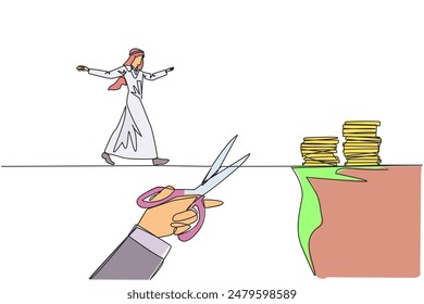 Continuous one line drawing Arabian businessman walking on tightrope from one cliff to another. Failed to move to much better place. Cheated by colleague. Single line draw design vector illustration